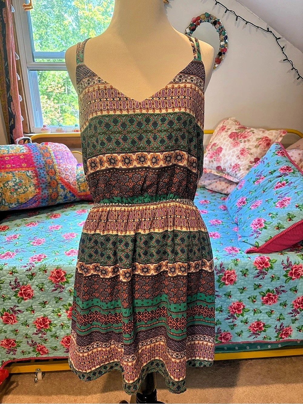Sugar + Lipstick Geometric Mini Dress in Green & Purple Size Large
